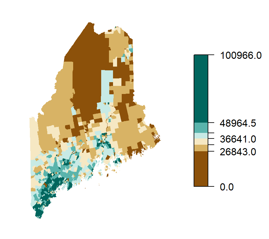 This map of household income uses a divergent color scheme where two different hues (brown and blue-green) are used for two sets of values separated by the median income of 36,641 dollars. Each hue is then split into three separate colors using decreasing lightness values away from the median.