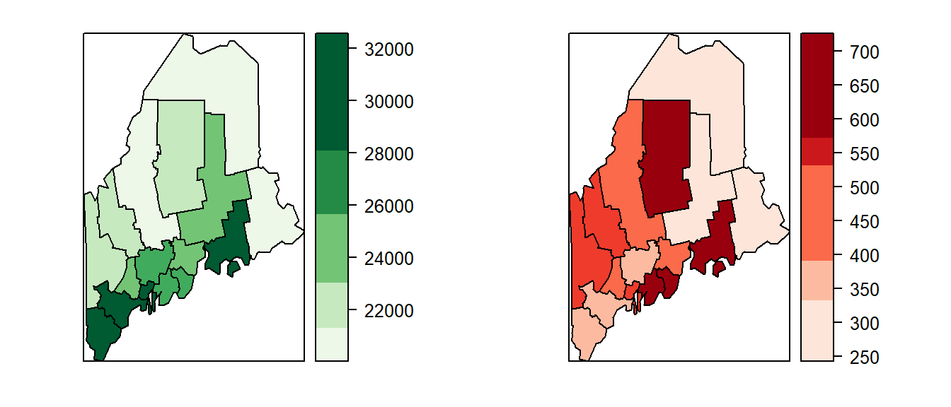 Maps of income estimates (left) and associated standard errors (right).