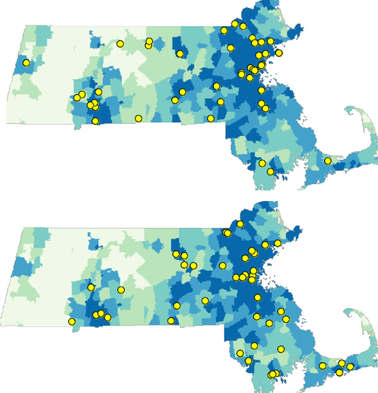 Examples of two randomly generated point patterns using population density as the underlying process.