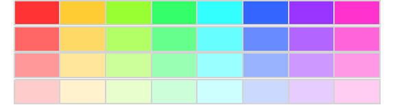Eight different hues (across columns) with decreasing saturation values (across rows).