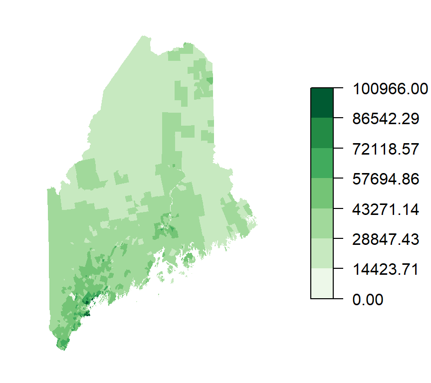 Map of household income shown in a sequential color scheme. Note the use of a single hue (green) and 7 different lightness levels.