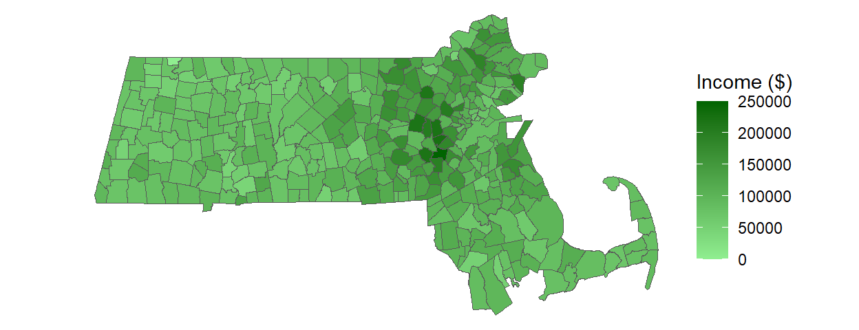 Example of a continuous color scheme applied to a choropleth map.