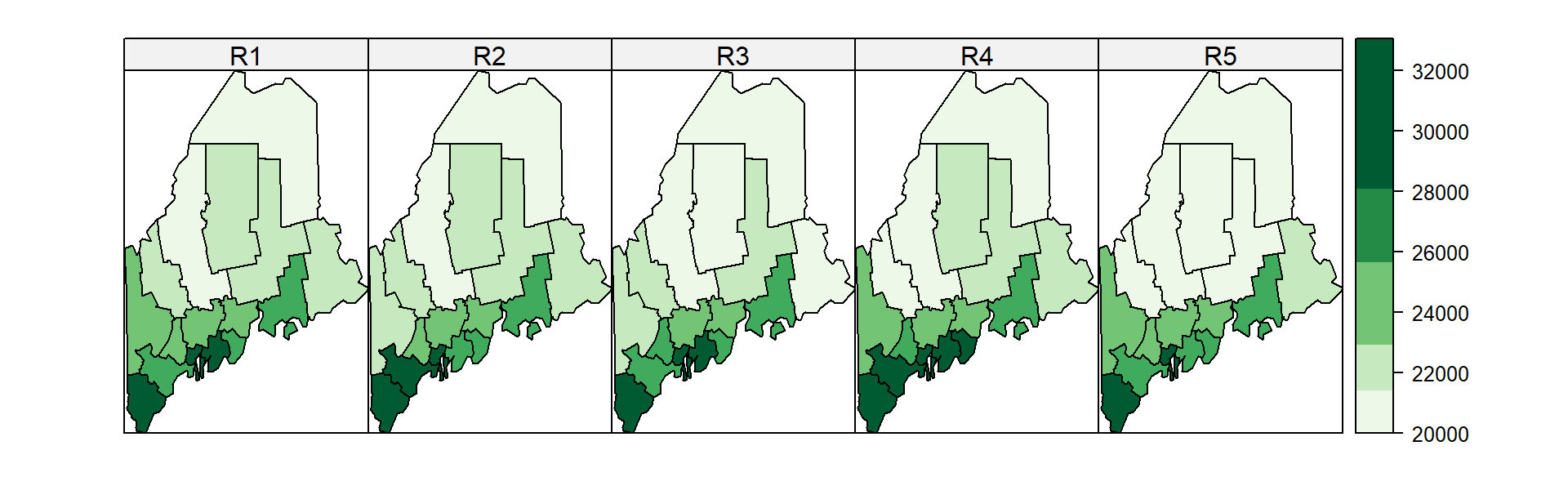 Original income estimate (left) and realizations from simulated samples (R2 through R5).