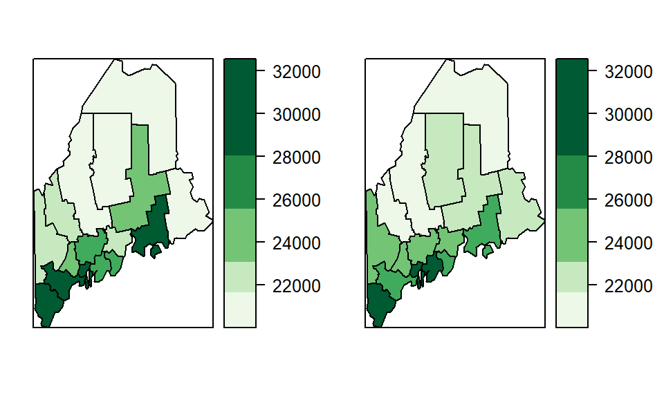 Original income estimate (left) and realization of a simulated sample (right).