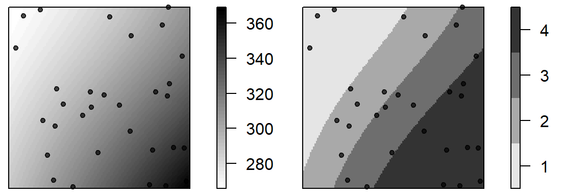 Example of a covariate. Figure on the left shows the elevation map. Figure on the right shows elevation broken down into four sub-regions (a tessellated surface) for which local density values will be computed.