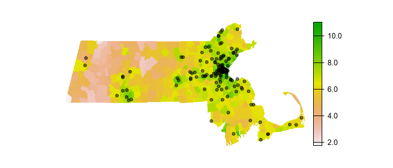 Location of Starbucks relative to population density. Note that the classification scheme follows a log scale to more easily differentiate population density values.