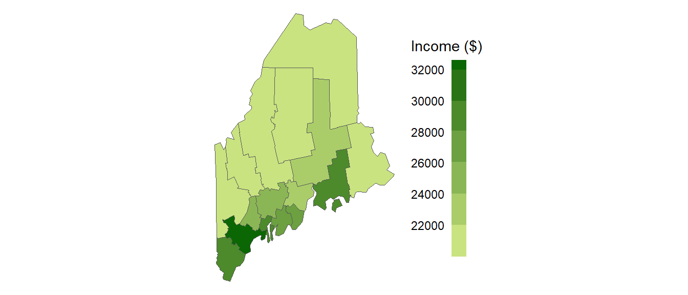 Map of 2020 median per capita income for Maine counties (USA).