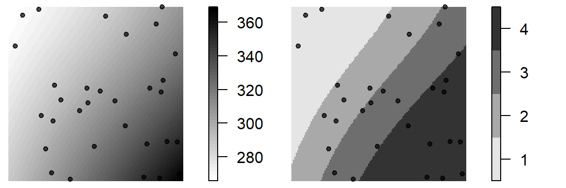 Example of a covariate. Figure on the left shows the elevation map. Figure on the right shows elevation broken down into four sub-regions (a tessellated surface) for which local density values will be computed.