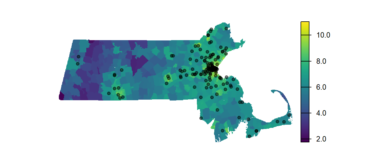 Location of Starbucks relative to population density. Note that the classification scheme follows a log scale to more easily differentiate population density values.