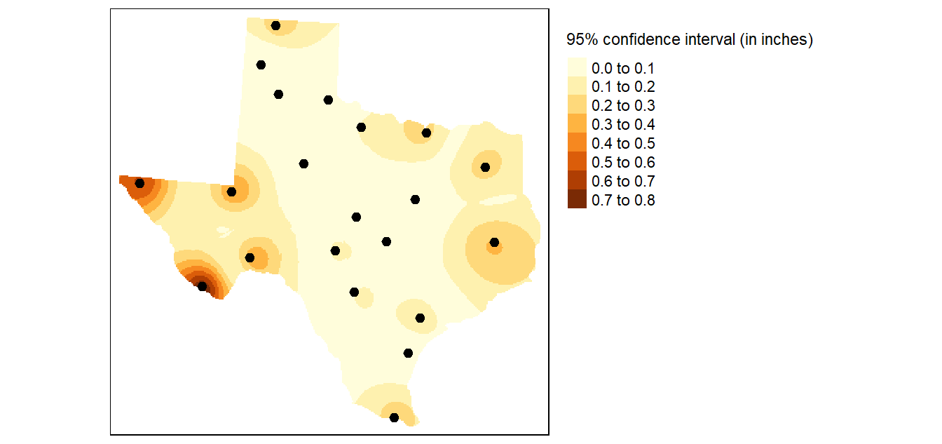In this example an IDW  power coefficient of 2 was used and the search parameters was confined to a minimum number of points of 10 and a maximum number of points of 15. The search window was isotropic. Each pixel represents the range of precipitation values (in inches) around the expected value given a 95% confidence interval.