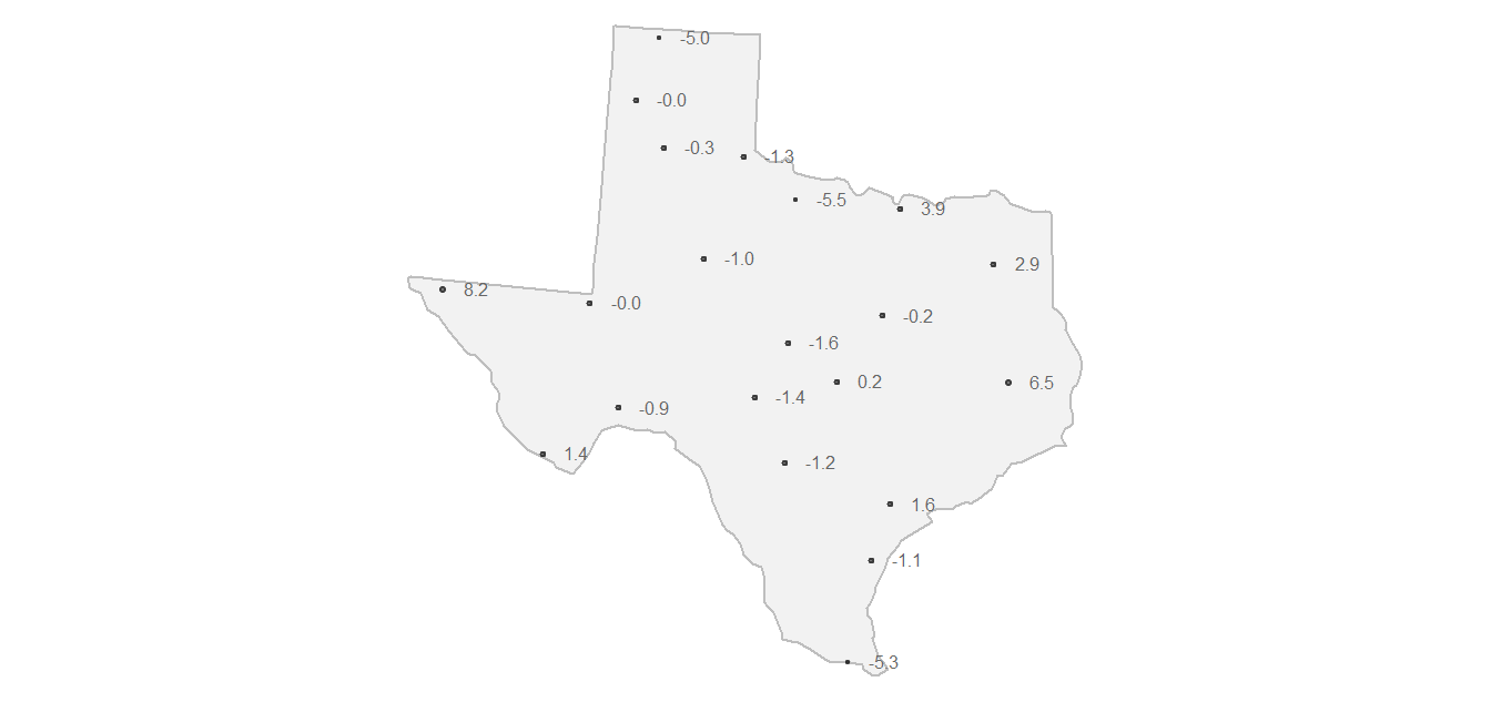 Map showing de-trended precipitation values (aka residuals). These detrended values are then passed to the ordinary kriging interpolation operations. You can think of these residuals as representing variability in the data not explained by the global trend. If variability is present in the residuals then it is best characterized as a distance based measure of variability (as opposed to a location based measure).