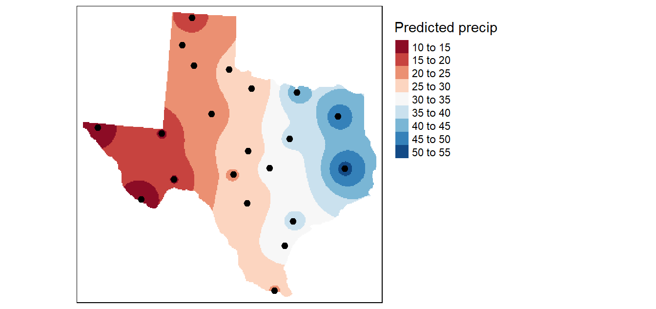 An IDW interpolation of the average yearly precipitation (reported in inches) for several meteorological sites in Texas. An IDW power coefficient of 2 was used in this example.