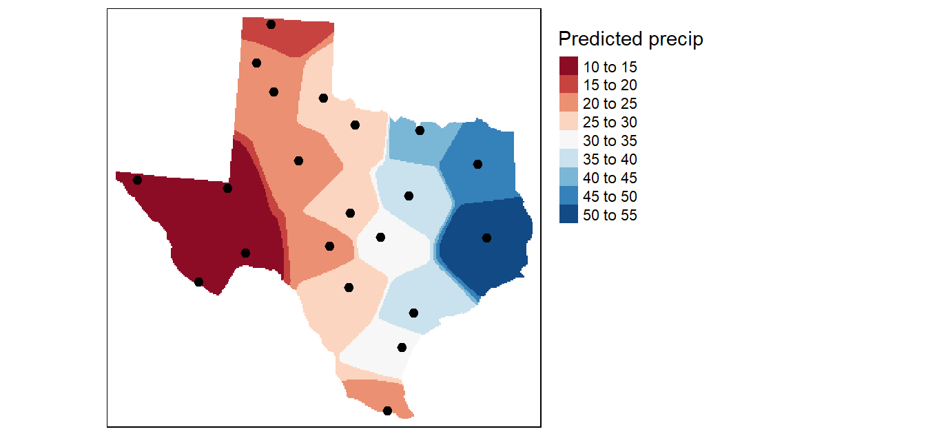 An IDW interpolation of the average yearly precipitation (reported in inches) for several meteorological sites in Texas. An IDW power coefficient of 15 was used in this example.