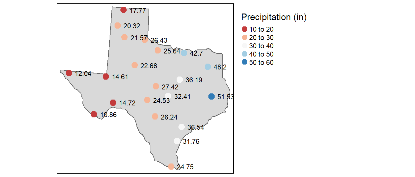 Average yearly precipitation (reported in inches) for several meteorological sites in Texas.