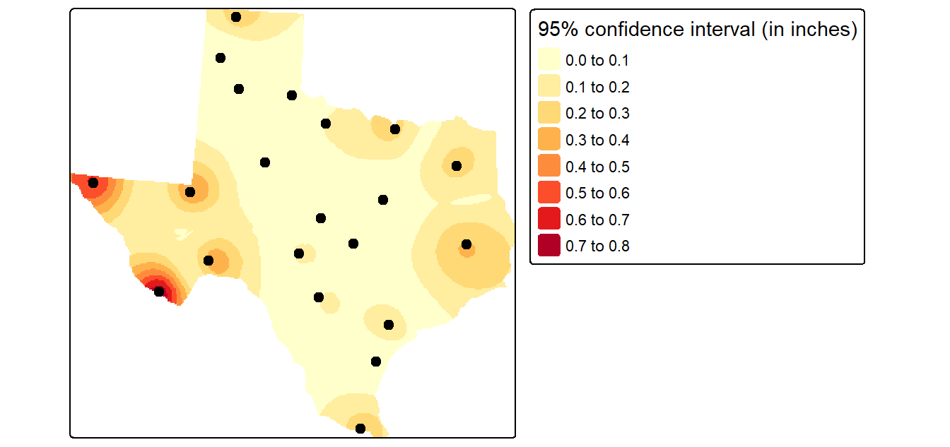 In this example an IDW power coefficient of 2 was used and the search parameters were confined to a minimum number of points of 10 and a maximum number of points of 15. The search window was isotropic. Each pixel represents the range of precipitation values (in inches) around the expected value given a 95% confidence interval.