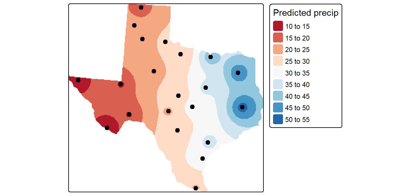 An IDW interpolation of the average yearly precipitation (reported in inches) for several meteorological sites in Texas. An IDW power coefficient of 2 was used in this example.