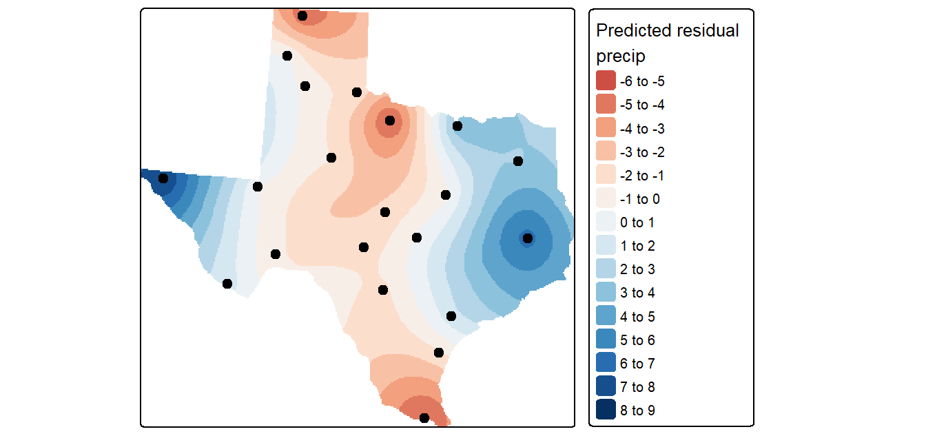 Krige interpolation of the residual (detrended) precipitation values.