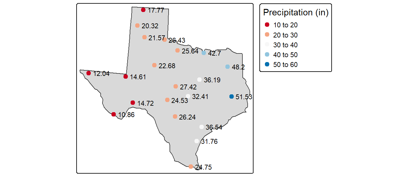 Average yearly precipitation (reported in inches) for several meteorological sites in Texas.