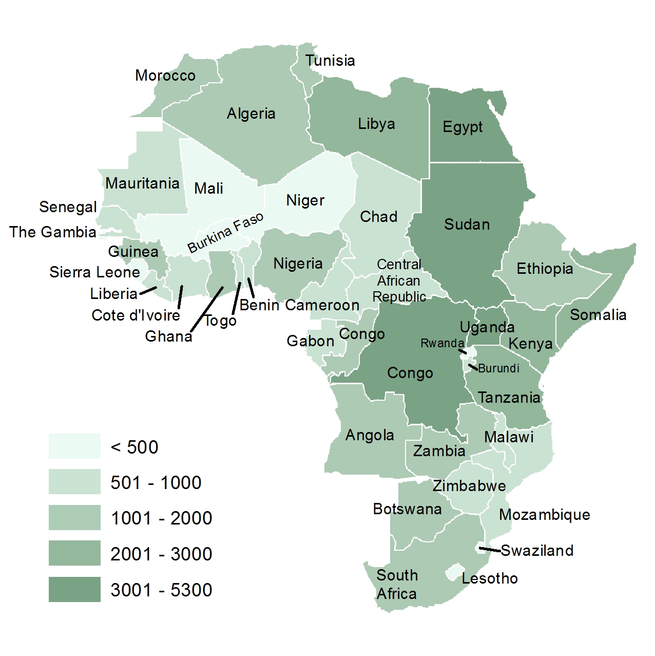 Choropleth representation of African conflict index scores. Countries for which a score was not available are not mapped.