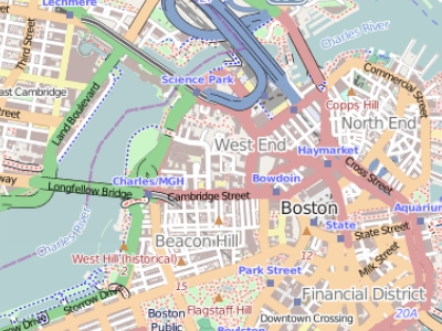 Map of the Boston area at a 1:34,000 scale. Note that in geography, this is considered large scale whereas in layperson terms, this extent is often referred to as a small scale (i.e. covering a small area).