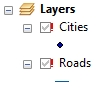 In ArcGIS, an exclamation mark next to a layer indicates that the GIS file the layer is pointing to cannot be found.