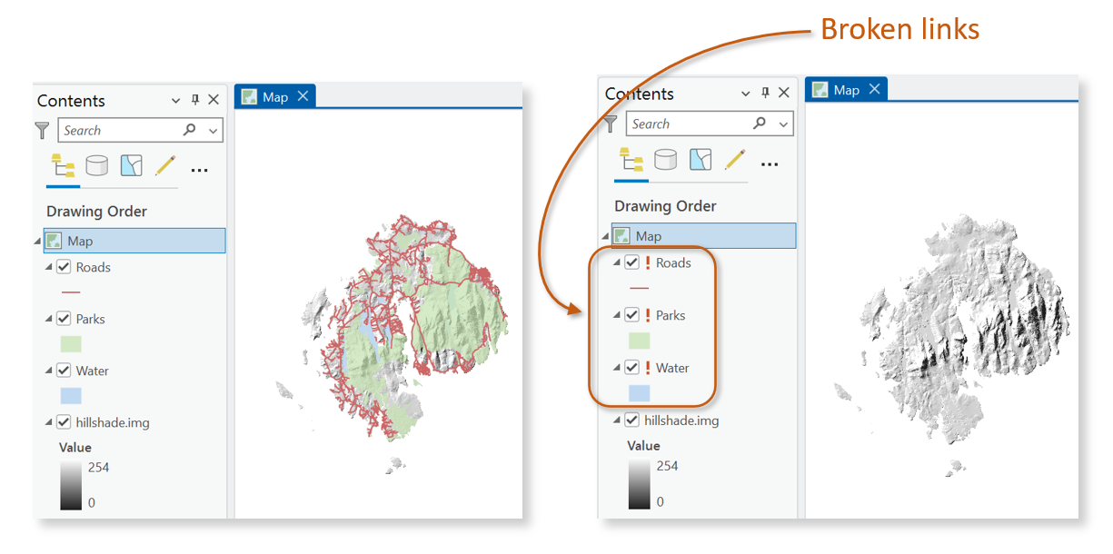 Figure shows an ArcGIS Pro project with properly referenced GIS layers (left) and the same project reopened after the associated data files were moved or deleted outside of ArcGIS (right). The broken links are indicated by exclamation marks next to the affected layers, signaling that the project can no longer locate the original data sources.