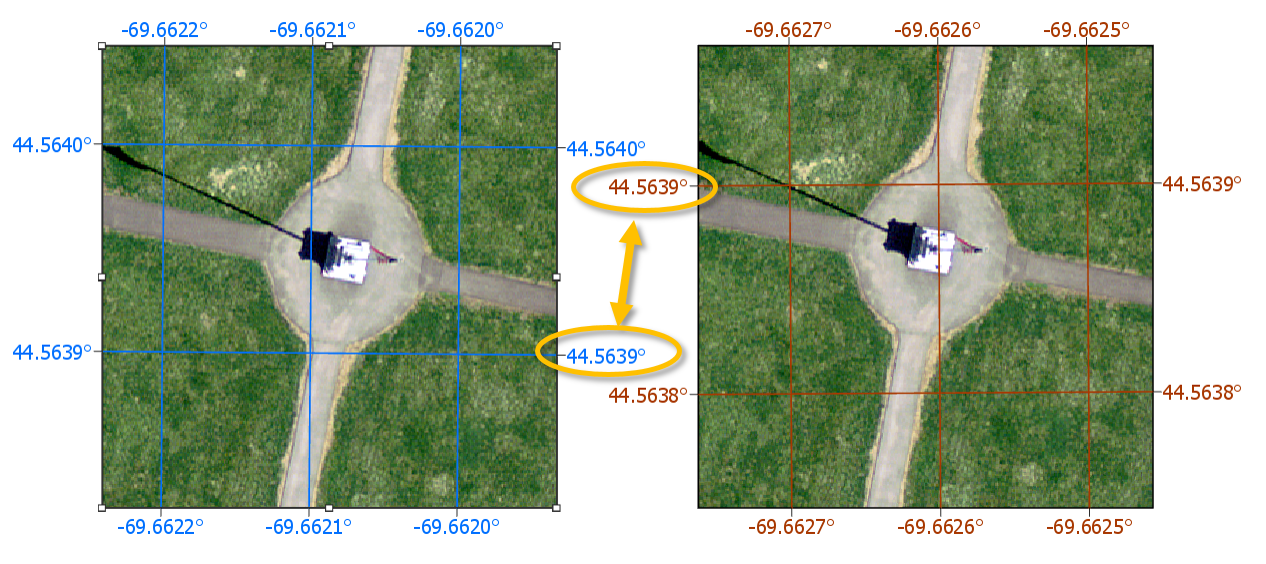 Map of the Colby flagpole in two different geographic coordinate systems (*GCS NAD 1983* on the left and *GCS NAD 1927* on the right). Note the offset in the 44.5639&deg; line of latitude relative to the flagpole. Also note the 0.0005&deg; longitudinal offset between both reference systems.