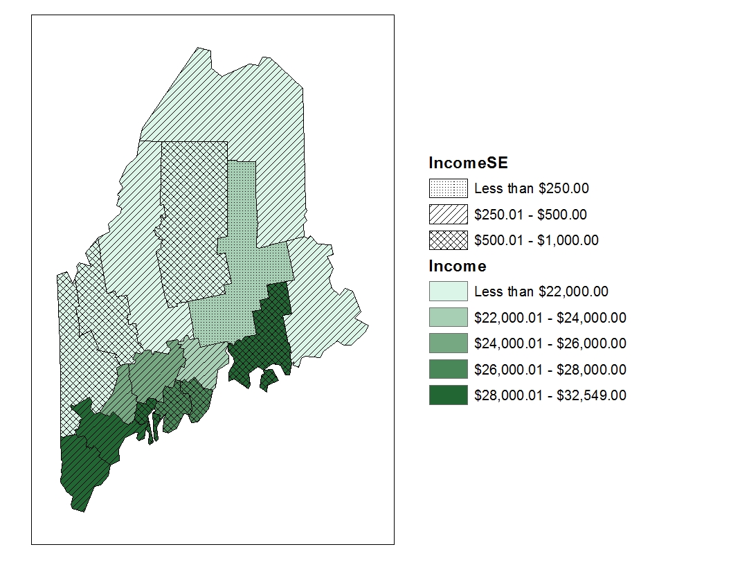 Map of estimated income (in shades of green) superimposed with different hash marks representing the ranges of income SE.