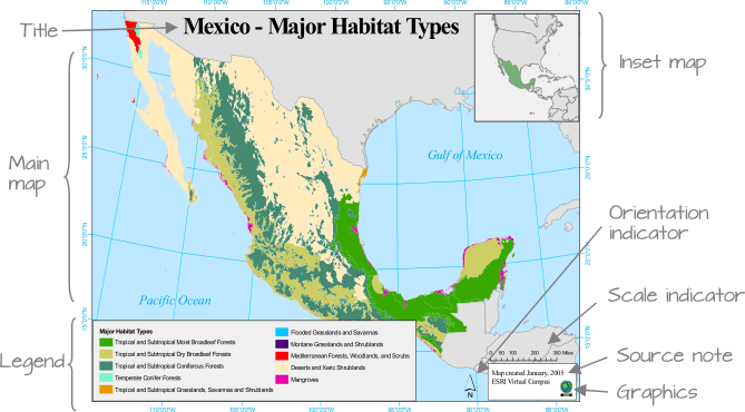 Map elements. Note that not all elements are needed, nor are they appropriate in some cases. Can you identify at least one element that does not belong in the map (hint, note the orientation of the longitudinal lines; are they parallel to one another? What implication does this have on the North direction and the placement of the North arrow?)