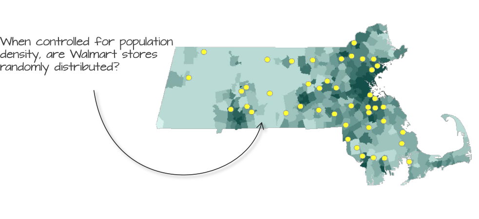 Walmart store distribution shown on top of a population density layer. Could population density distribution explain the distribution of Walmart stores?