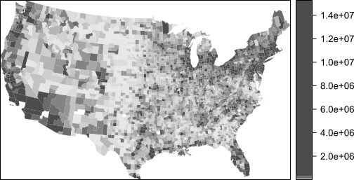 Population count for each county. Note that a quantile classification scheme is adopted forcing a large range of values to be assigned a single color swatch.