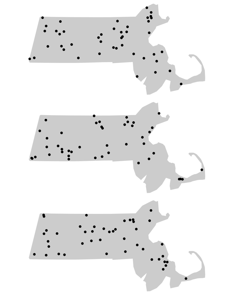 Three different outcomes from simulated patterns following a CSR point process. These maps help answer the question *how would Walmart stores be distributed if their locations were not influenced by the location of other stores and by any local factors (such as population density, population income, road locations, etc...)*
