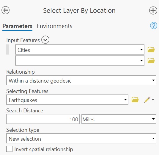 An example of a *Select Layer by Location* tool in ArcGIS Pro. The spatial association chosen is distance.