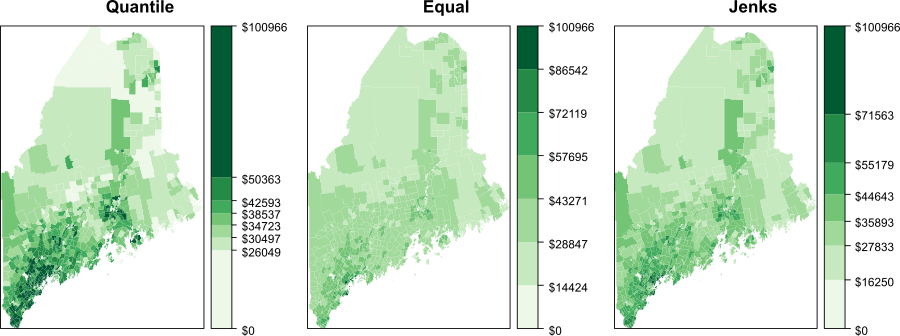Three different representations of the same spatial data using different classification intervals.