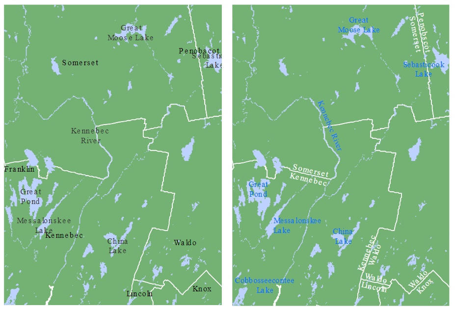 The lack of typeset differences makes the map on the left difficult to differentiate county names from lake/river names. The judicious use of font colors and style on the right facilitate the separation of features.