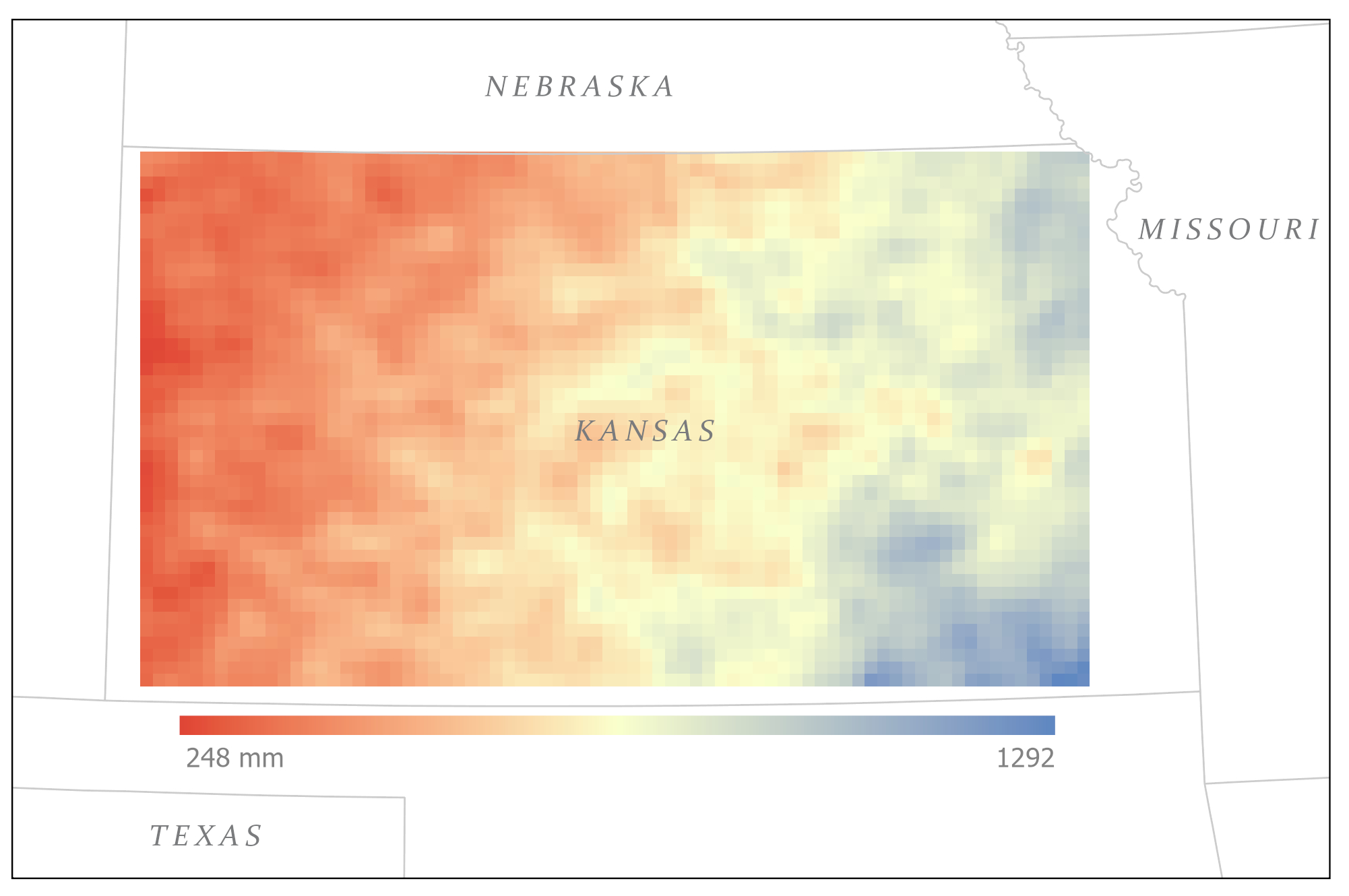 Map of the total 2020 precipitation distribution for Kansas (USA).